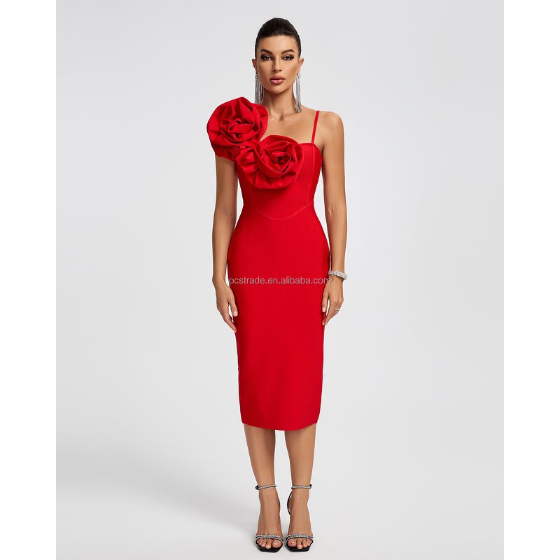 Cocktail Dress Supplier - Fashion Design Red 3D Flowers Sleeveless Bodycon