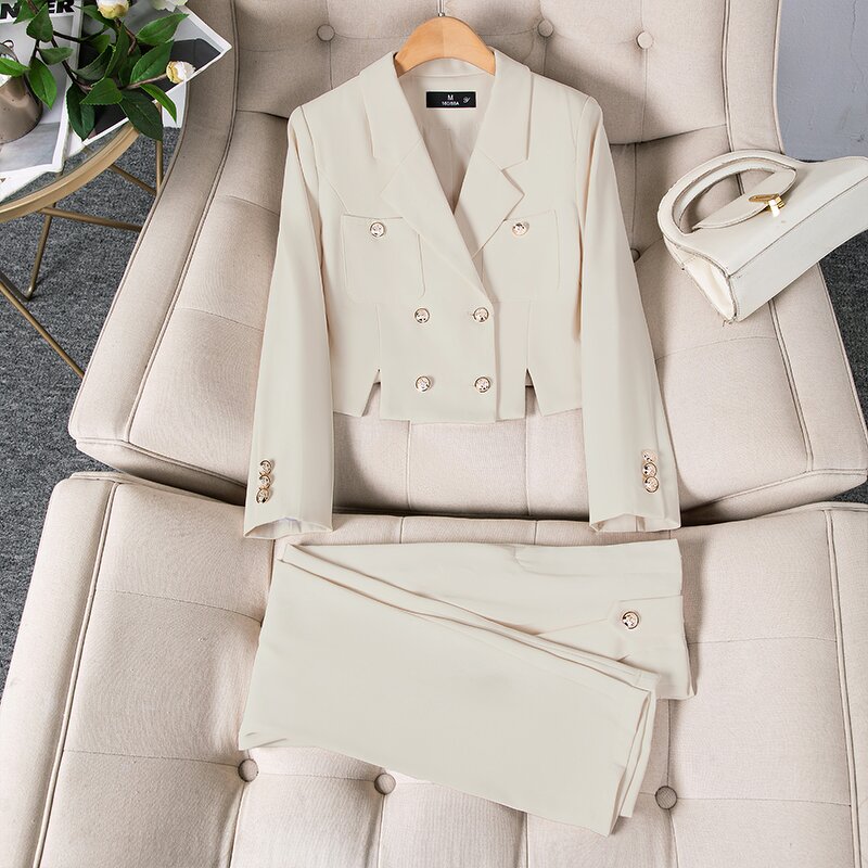 Women's Suit Set Supplier - Elegant Office Double-Breasted Pantsuit Button