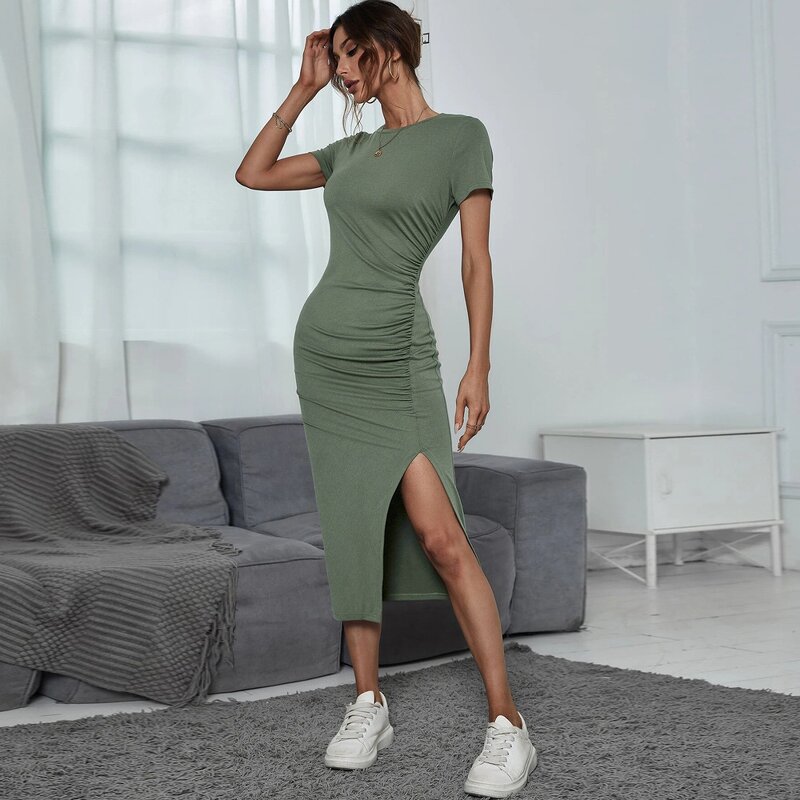 Pleated Dress Supplier - Side Slit Skirt Round Neck Short Sleeve Midi