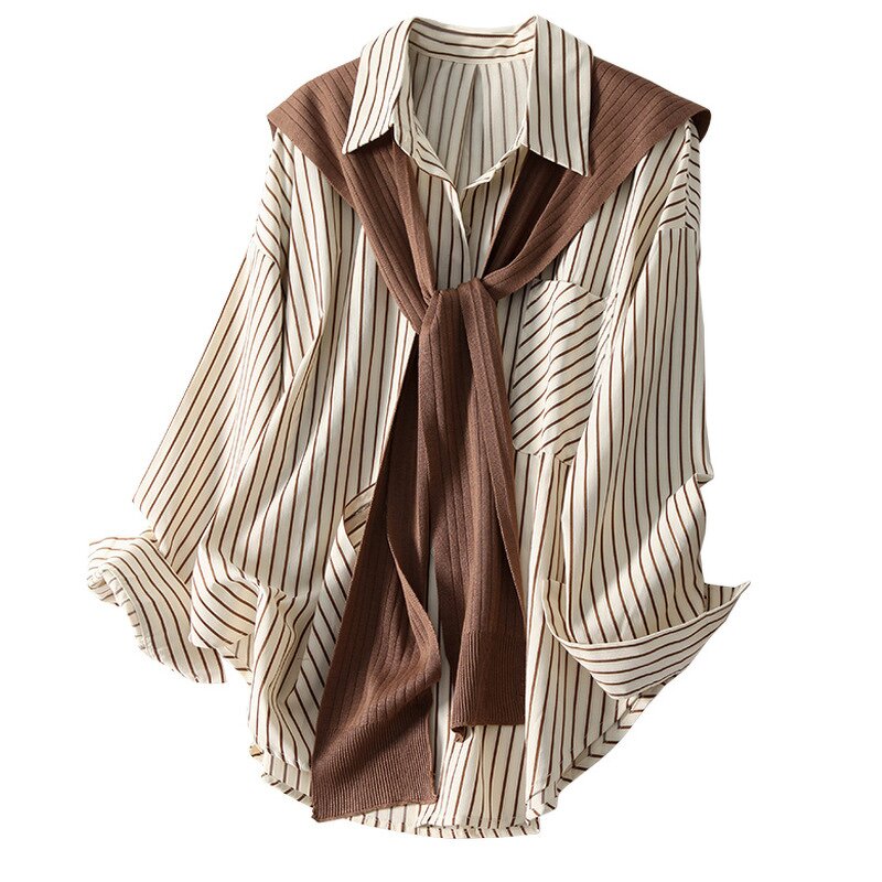 Two-piece Shirt Supplier - Shawl Stripe Lapel Long Sleeve Loose Autumn
