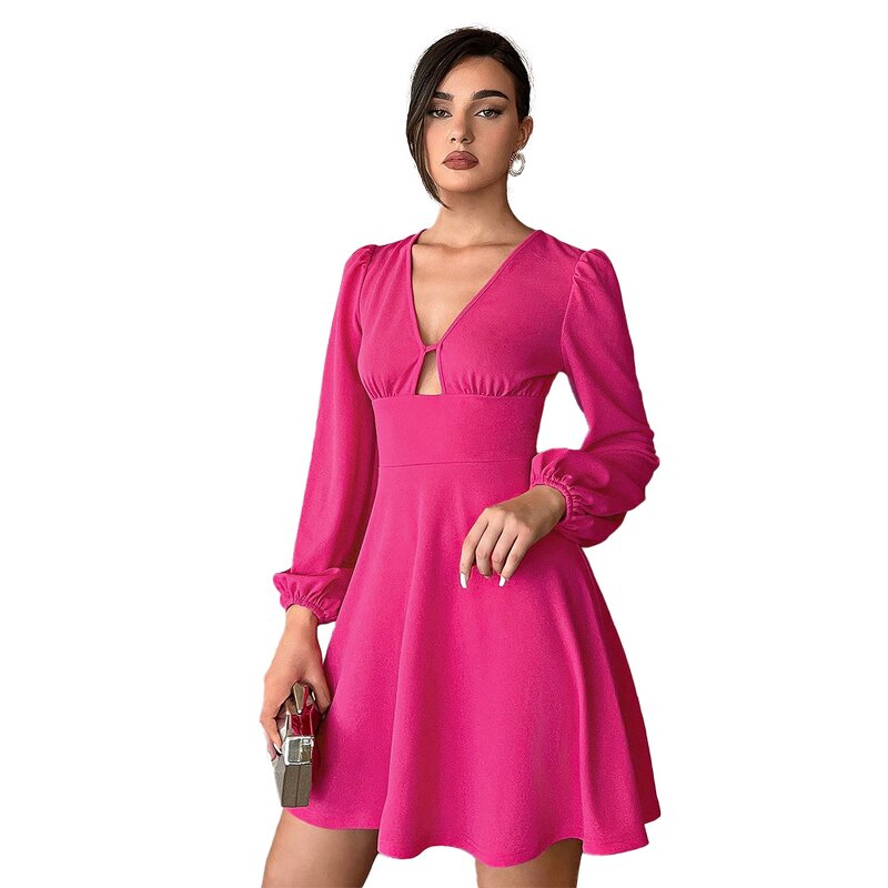 V Neck Dress Supplier - Puff Sleeve Crepe a Shape Party Pleated Elegant
