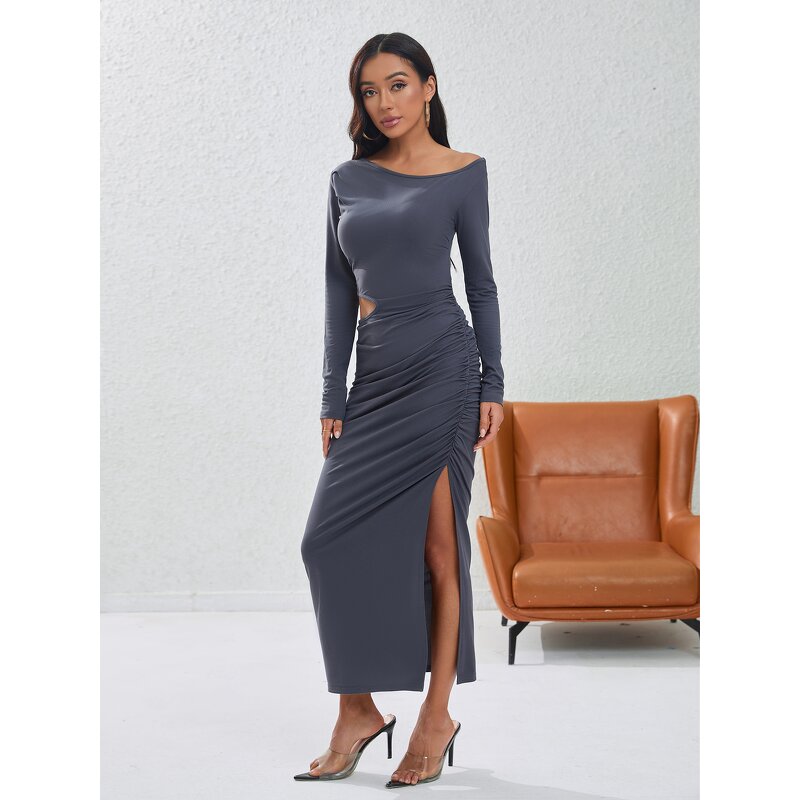Two Piece Dress Supplier - Off Shoulder Long Sleeve Slit Grey Bodycon Plus