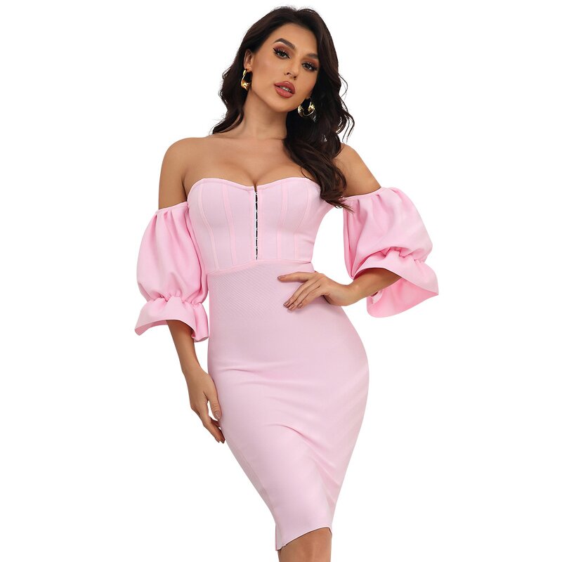 Cotton Dress Factory - Pink Loop Button Off Shoulder Casual Fashion Above