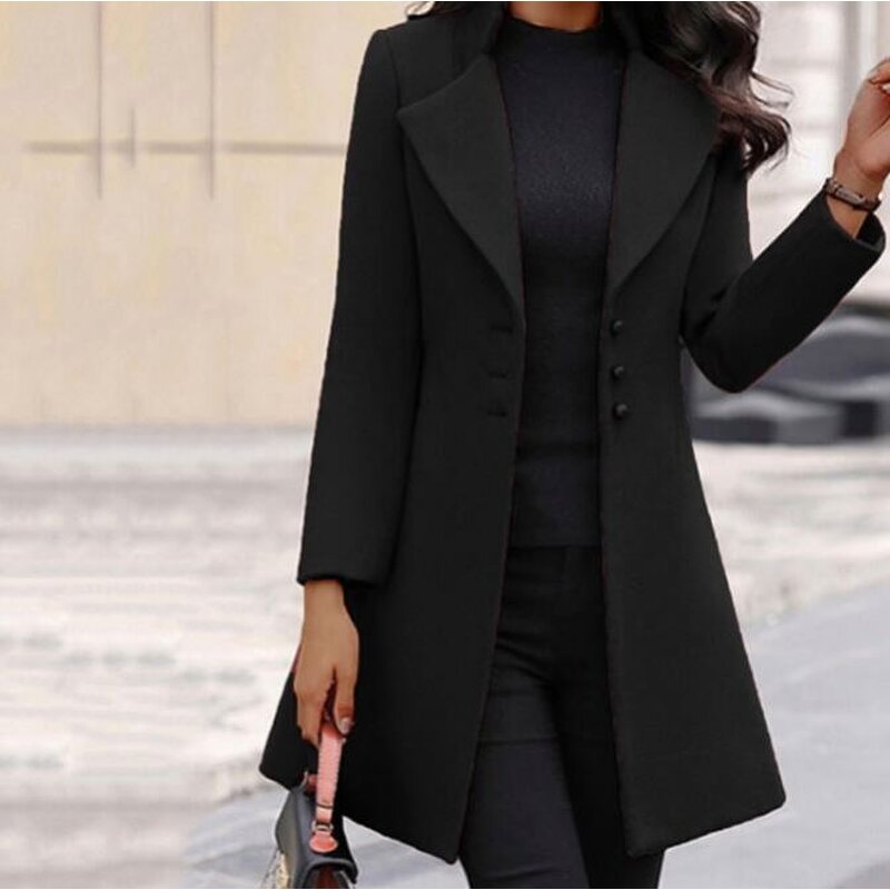 Women's Coat Supplier - Long Lapel Solid Color Button Cardigan