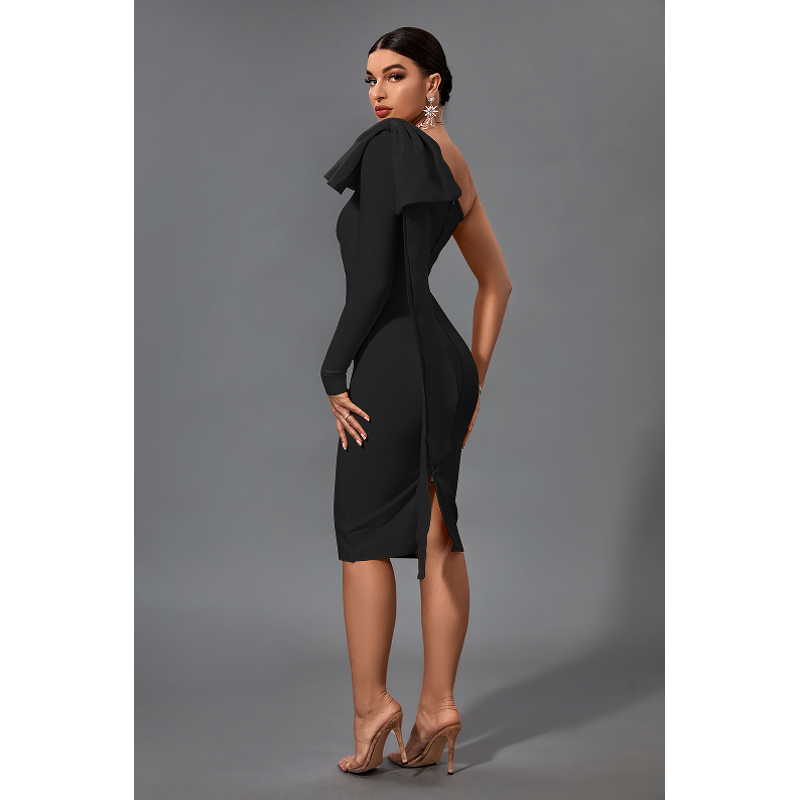 Bandage Dress Supplier - Black Solid Bowknot Evening One Shoulder Club