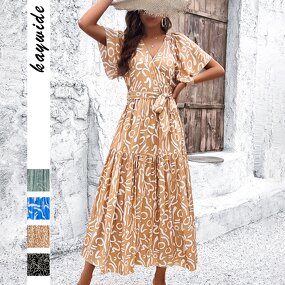 Floral Dress Factory - Casual Outfits Summer Long Sleeve Ocean Print Midi