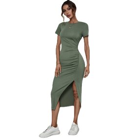 Pleated Dress Supplier - Side Slit Skirt Round Neck Short Sleeve Midi