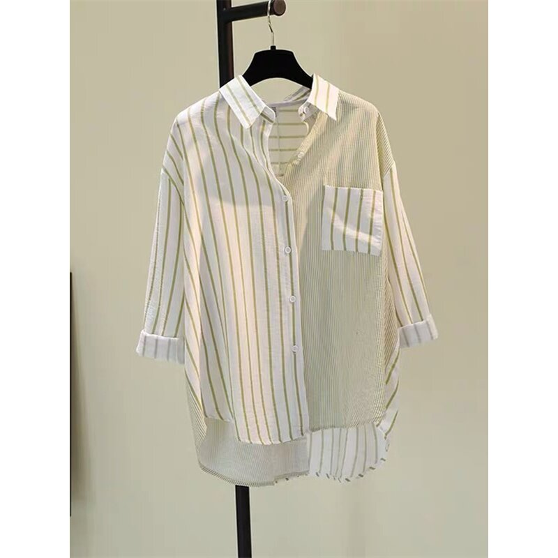 Women's Shirt Factory - Autumn New Color Blocked Vertical Stripe