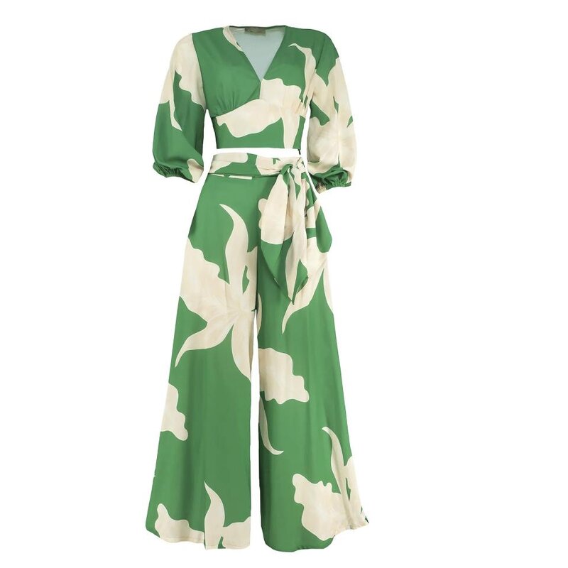 Two Piece Set Supplier - Print Loose V Neck Wrap Crop Tops & Wide Leg