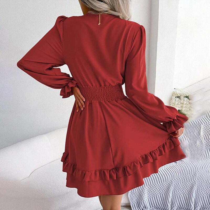 Sexy Dress Factory - Short V Neck Long Sleeve a Shape Ruffle Sleeve