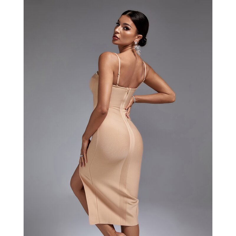 Cocktail Dress Factory - Spaghetti Strap Shiny Crystal Embellished Side Slit
