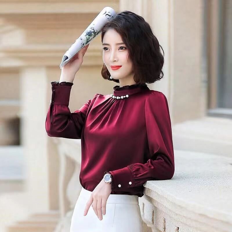 Satin Shirt Supplier - Spring Long Sleeve Office Lady Elegant Bead