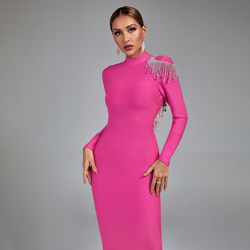 Cocktail Dress Factory - Beaded Long Sleeve Backless Diamond Tassel Midi