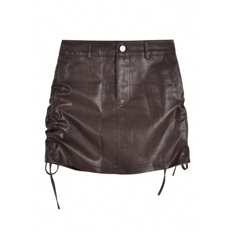 Leather Skirt Supplier - Chic Pu Vinyl High Waist Solid Drawstring Bandage