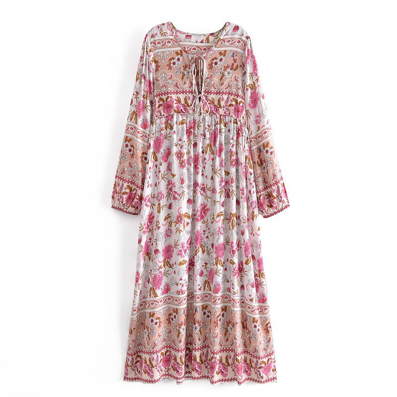Floral Dress Factory - Printing Tassel Long Sleeve Women Frock Casual