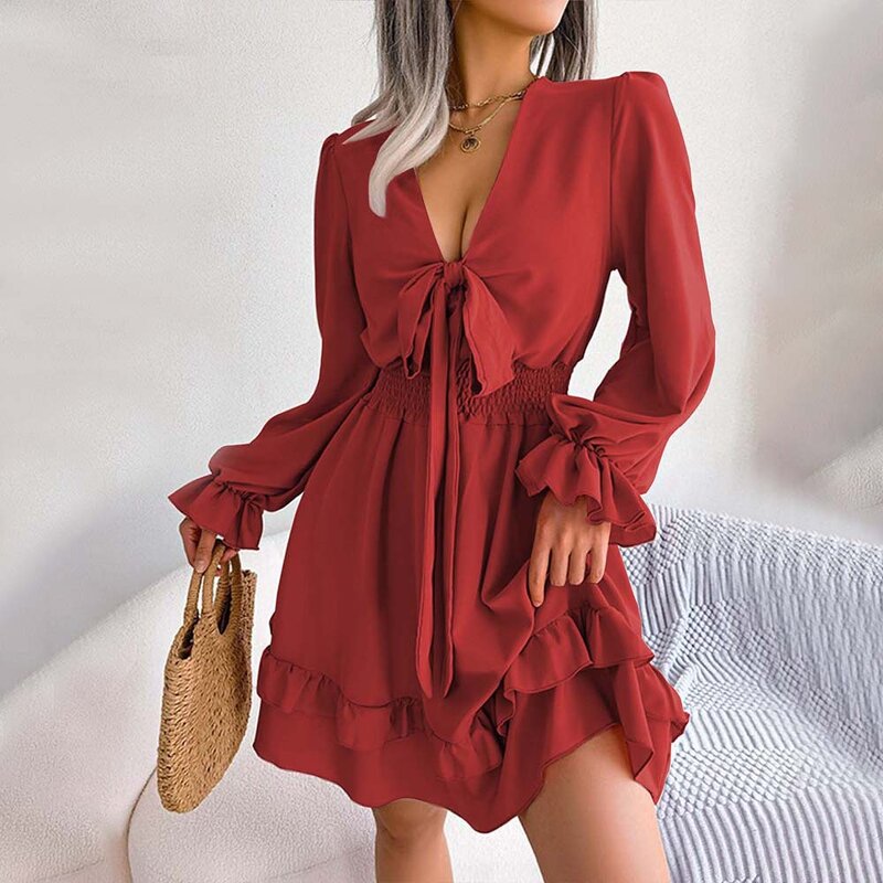 Sexy Dress Factory - Short V Neck Long Sleeve a Shape Ruffle Sleeve