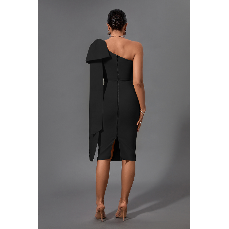 Bandage Dress Supplier - Black Solid Bowknot Evening One Shoulder Club