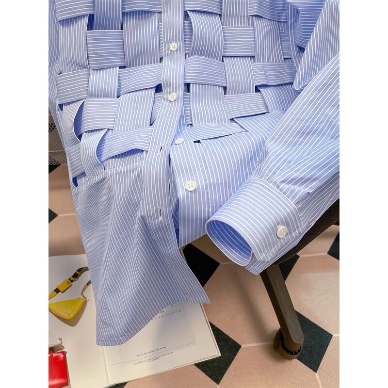 Women's Shirt Factory - 2025 Spring Blue Long Sleeved Striped Polo