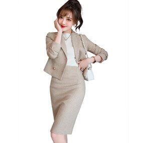 Houndstooth Suit Set Supplier - Wool Acrylic Plaid Knee-length Skirt Suit