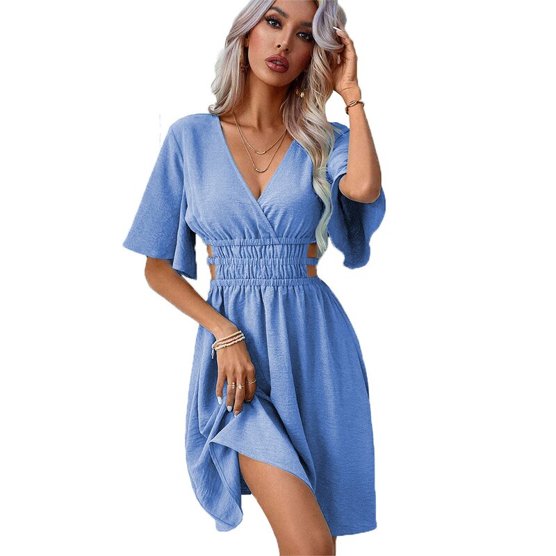 Knit Dress Factory - V Neck Hallow Flare Sleeve Midi Casual Long Sleeve