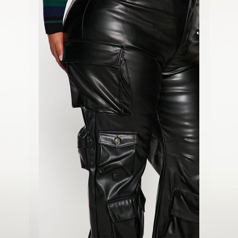 Trousers Supplier - OEM Factory Ladies Black Faux Leather Cargo