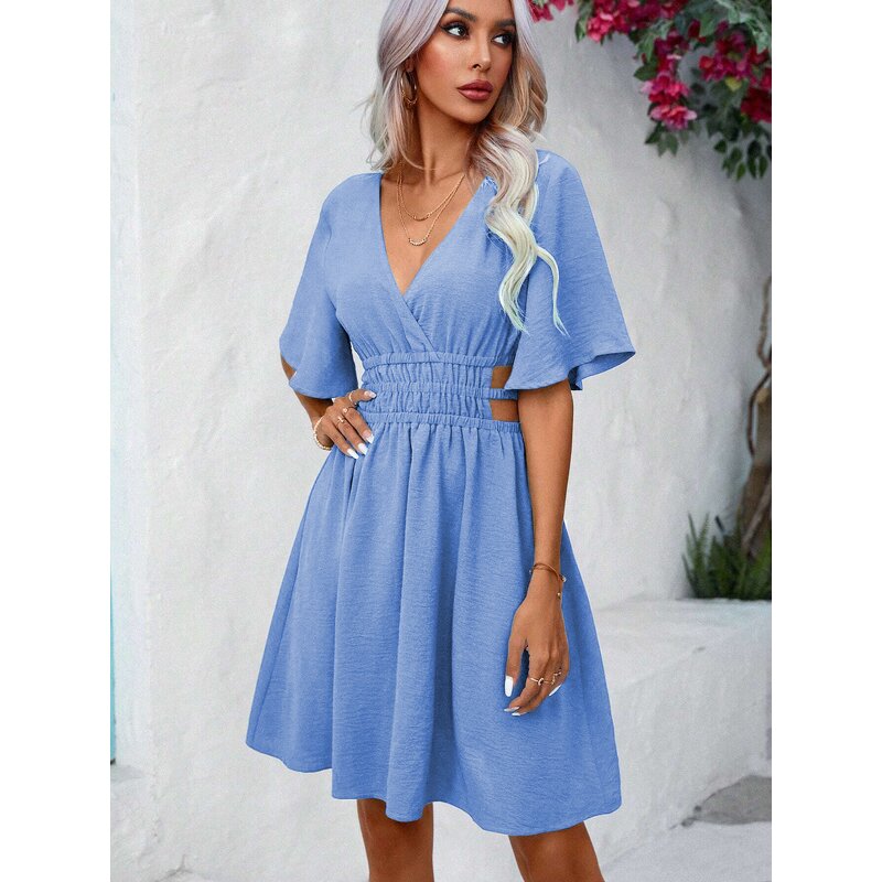 Knit Dress Factory - V Neck Hallow Flare Sleeve Midi Casual Long Sleeve