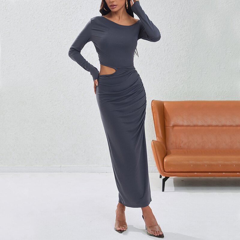 Two Piece Dress Supplier - Off Shoulder Long Sleeve Slit Grey Bodycon Plus