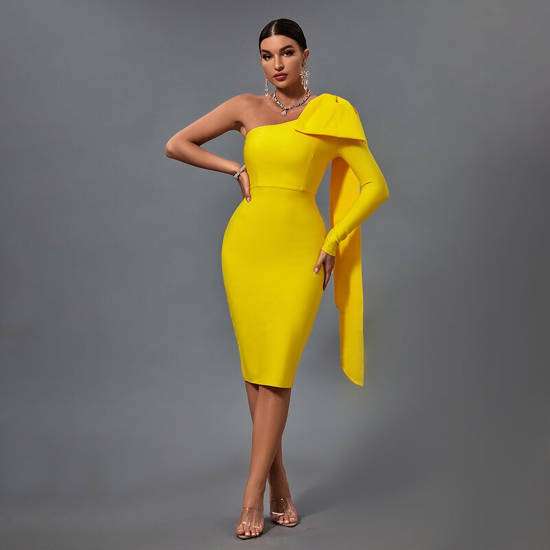 Bandage Dress Factory - Solid Bowknot Evening One Shoulder Club Party