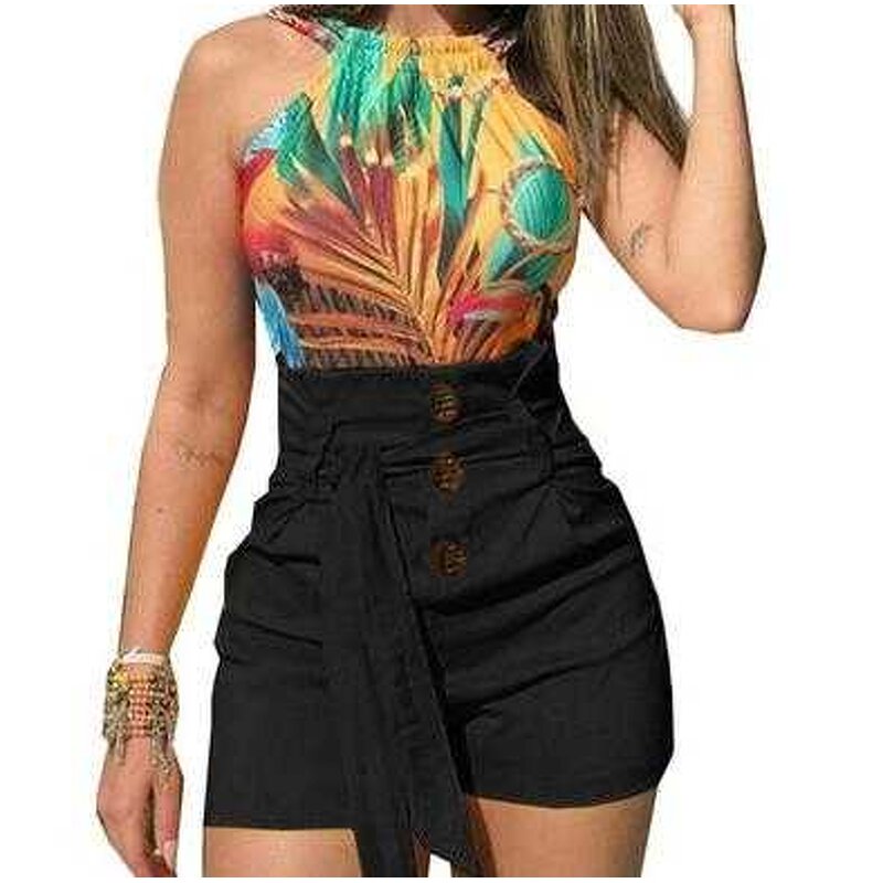 Women's Shorts Factory - High Waist Button up Wide Leg Tank Top Set