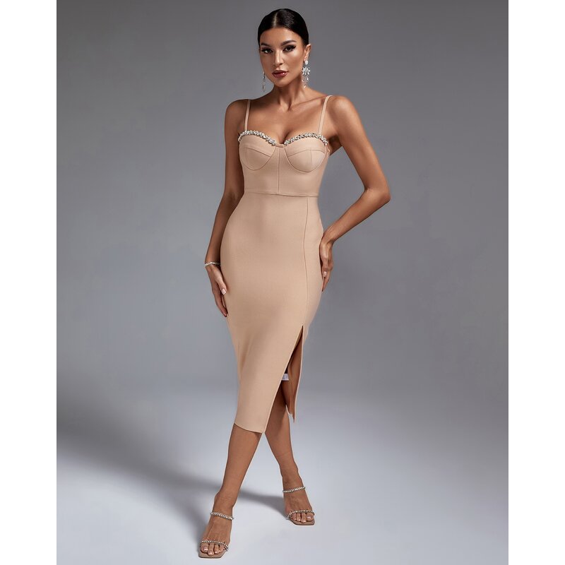 Cocktail Dress Factory - Spaghetti Strap Shiny Crystal Embellished Side Slit