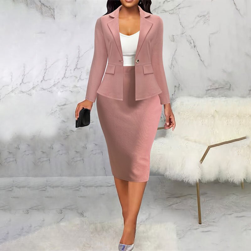Women's Suit Set Supplier - 2 Pcs Lapel Single-breasted Blazer Skirt