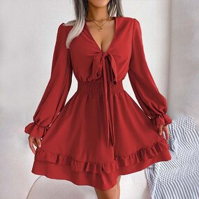 Sexy Dress Factory - Short V Neck Long Sleeve a Shape Ruffle Sleeve