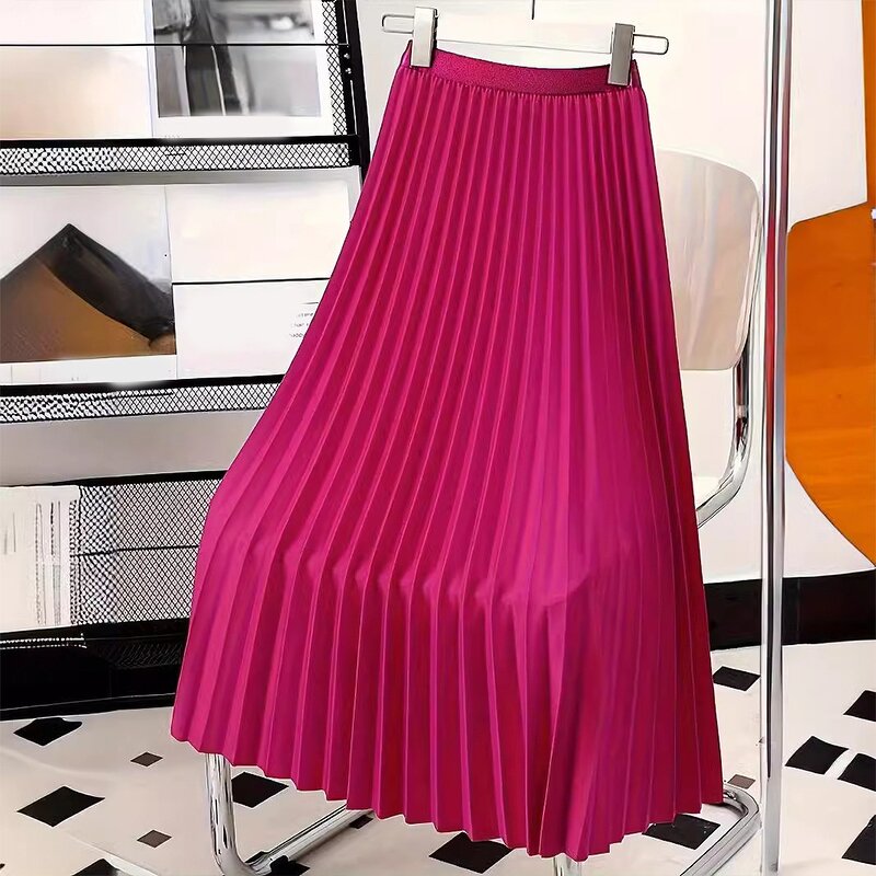 Pleated Skirt Factory - Summer Elegant High Waist Plain Casual Midi