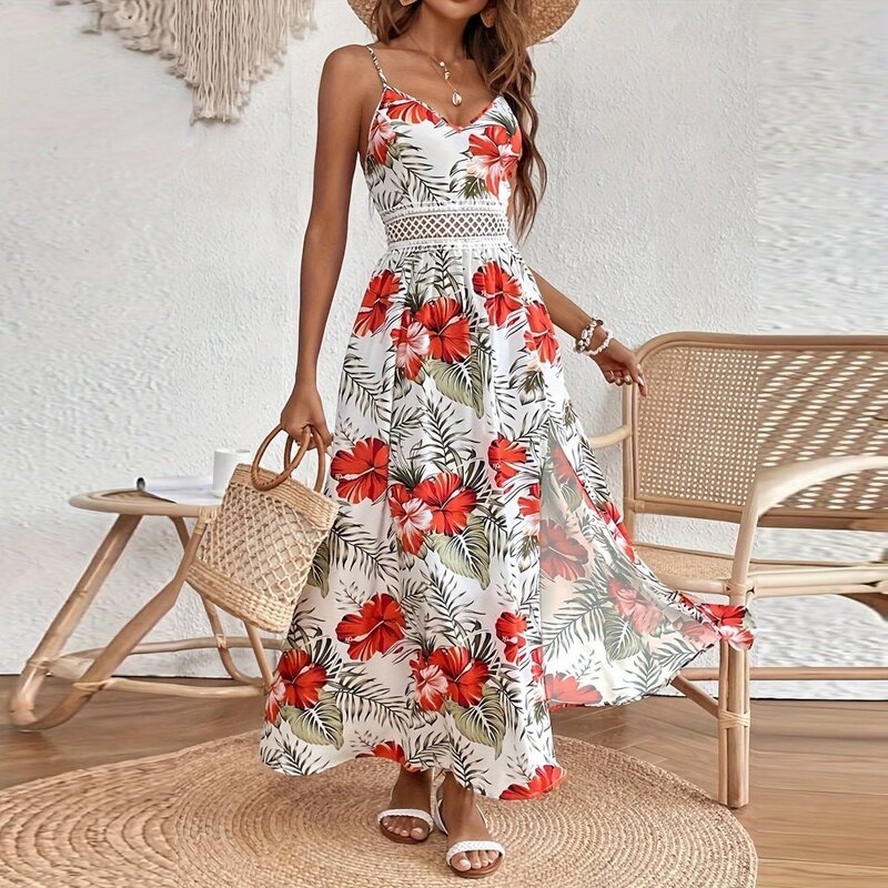 Lace Maxi Dress Supplier - Slit Strap Floral Print Beach Plus Size High
