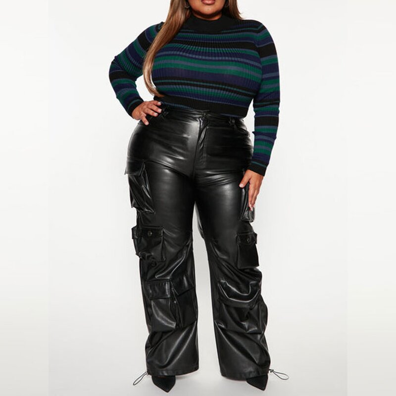 Trousers Supplier - OEM Factory Ladies Black Faux Leather Cargo