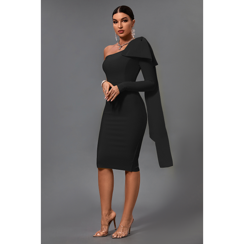 Bandage Dress Supplier - Black Solid Bowknot Evening One Shoulder Club