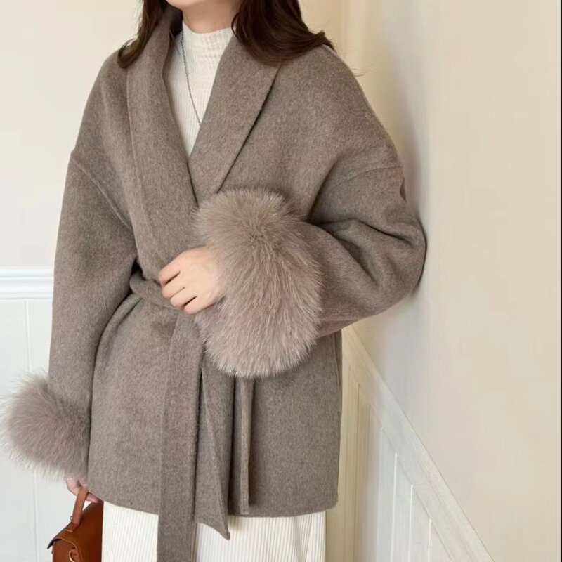 Fur Coat Supplier - Wool Blended Short Coat with Fox Cuff