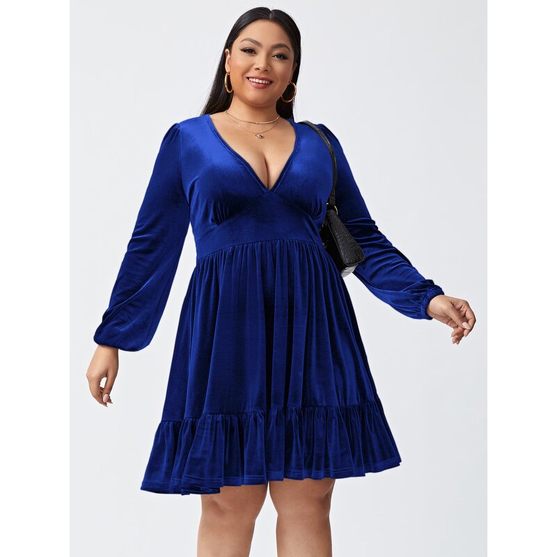 Plus Size Dress Factory - V Neck Cinched Long Sleeve Skirt Casual Elegant