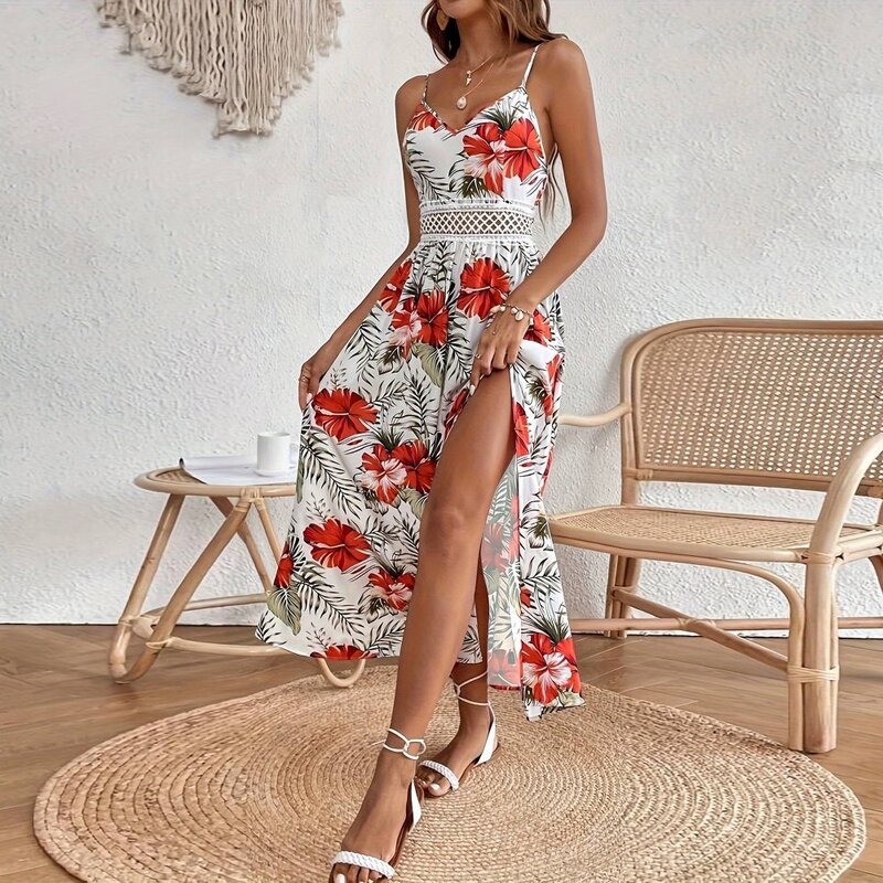 Lace Maxi Dress Supplier - Slit Strap Floral Print Beach Plus Size High
