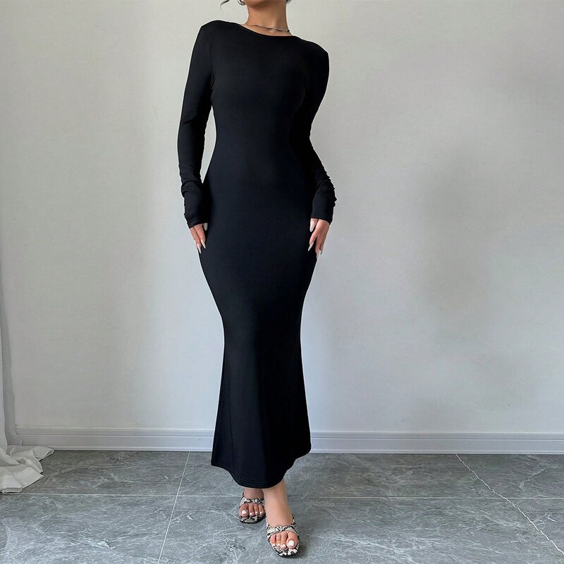 Bodycon Dress Factory - Long Dress Hip Wrapped Round Collar Pullover Backless