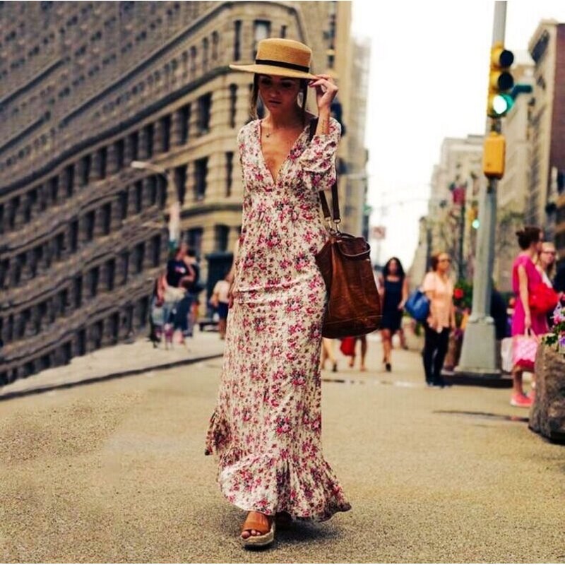 Maxi Dress Factory - Floral Printing Deep V Neck Long Sleeve Ruffle