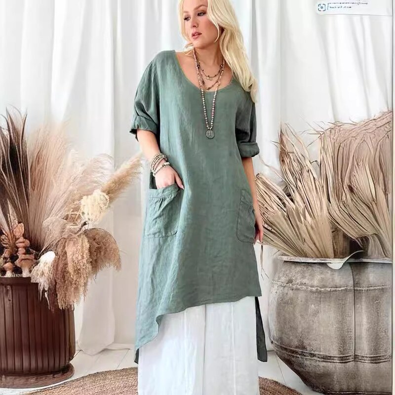 Linen Dress Supplier - Round Neck Loose Bohemia Long Casual Cotton Summer