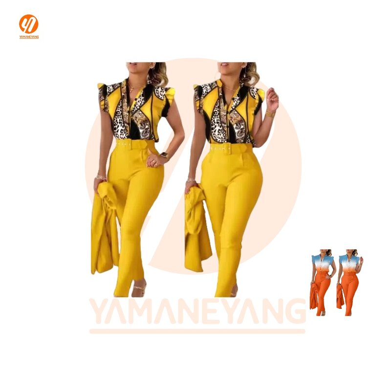 Women's Set Factory - Europe US Chiffon Printed Lotus Sleeve Shirt Pants