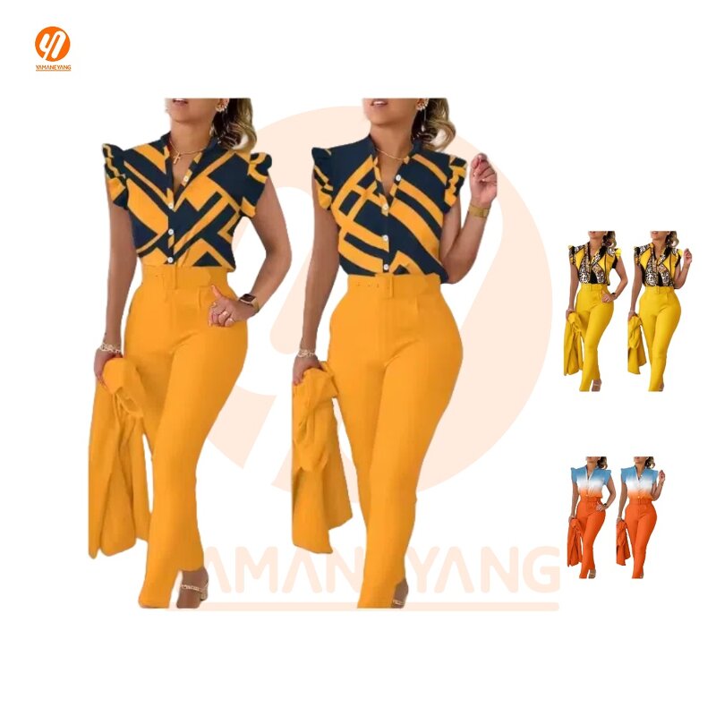 Women's Set Factory - Europe US Chiffon Printed Lotus Sleeve Shirt Pants