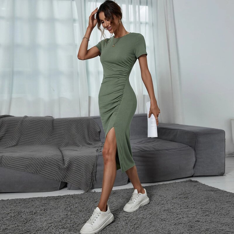 Pleated Dress Supplier - Side Slit Skirt Round Neck Short Sleeve Midi