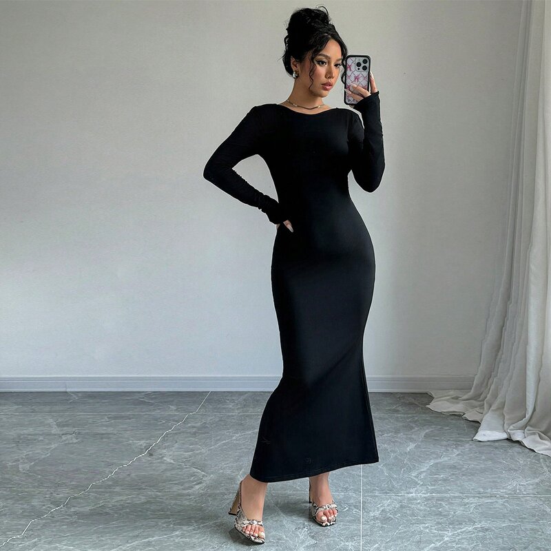 Bodycon Dress Factory - Long Dress Hip Wrapped Round Collar Pullover Backless