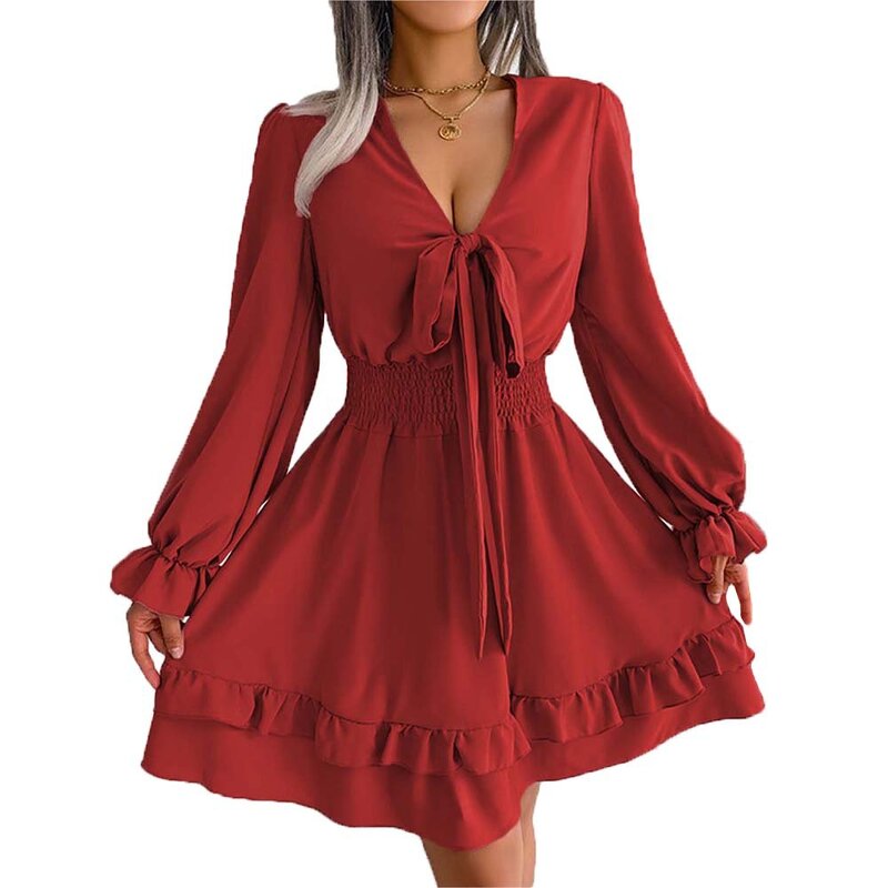 Sexy Dress Factory - Short V Neck Long Sleeve a Shape Ruffle Sleeve