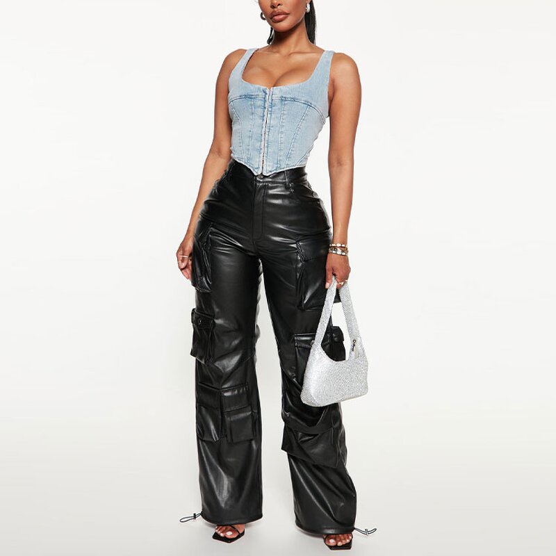 Trousers Supplier - OEM Factory Ladies Black Faux Leather Cargo