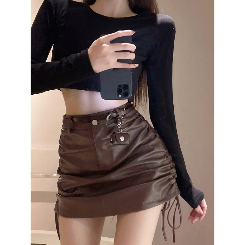 Leather Skirt Supplier - Chic Pu Vinyl High Waist Solid Drawstring Bandage