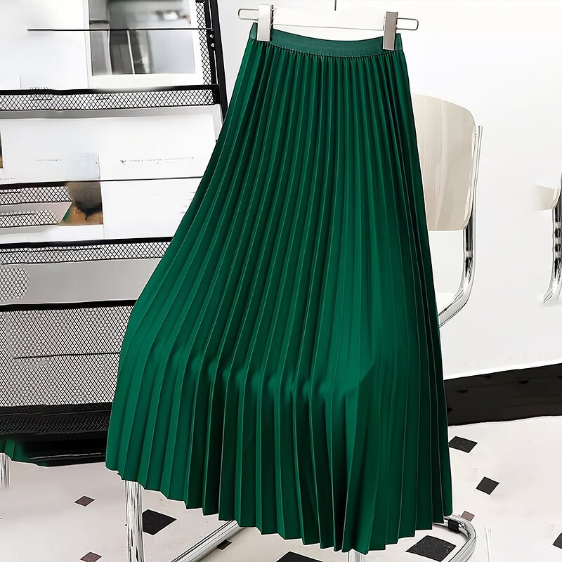 Pleated Skirt Factory - Summer Elegant High Waist Plain Casual Midi
